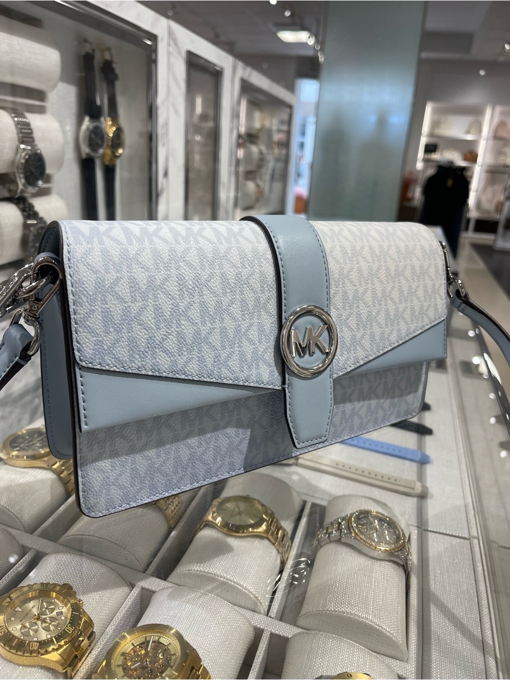 MICHAEL KORS Greenwich Md Signature Logo Shoulder Crossbody Satchel 
Pale Ocean - Picture 16 of 16